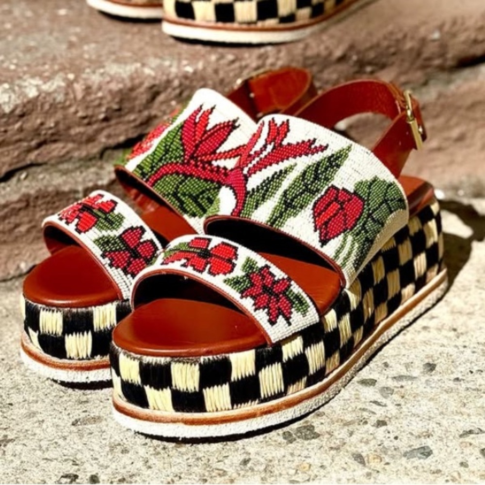 Women's Beaded Floral Platform Sandals - Red and Black